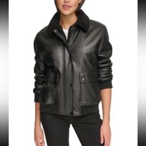 Calvin Klein Women's Black Faux-Fur-Collar Faux-Leather Bomber Coat, M NWOT